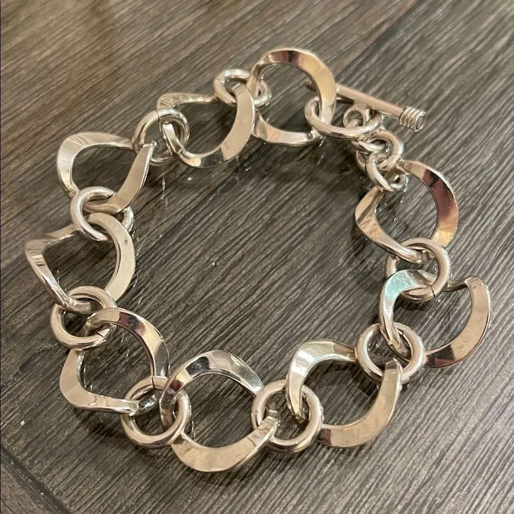 Vintage Sterling Silver Curved Circle Chain Link Toggle Bracelet, Length 7 3/4”